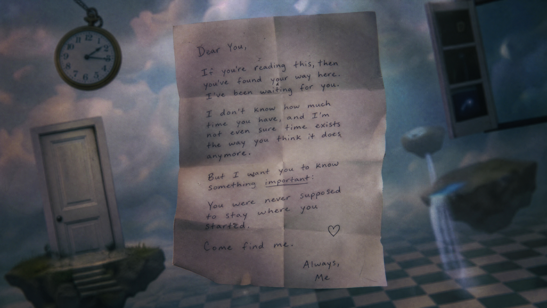 4K Ultra HD PC desktop wallpaper showing a handwritten letter (message) floating in a dreamy, surreal room with a pocket watch, door, checkerboard floor and cloudy sky.