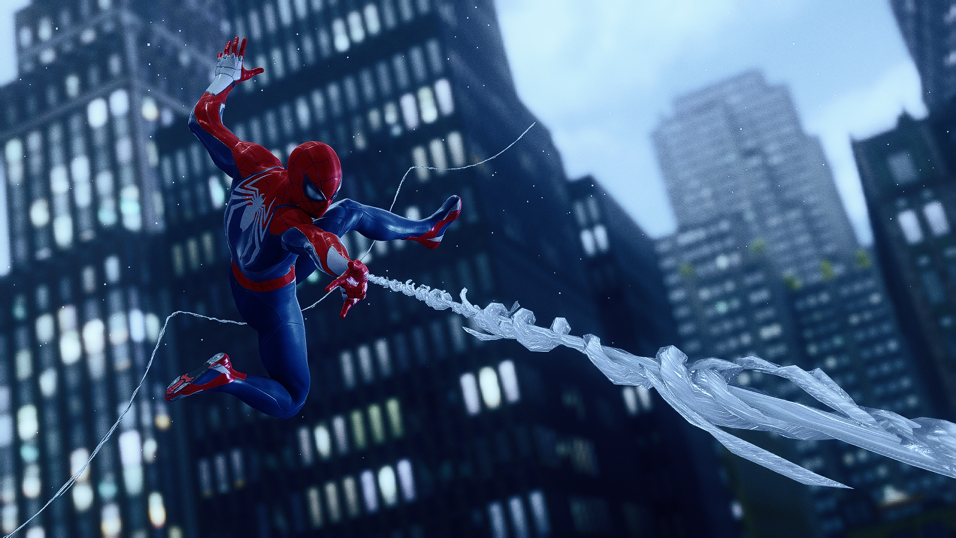 HD PC desktop wallpaper, photography-style: Spider-Man (Peter Parker) mid-swing, shooting a web across rain-slick skyscrapers at dusk.