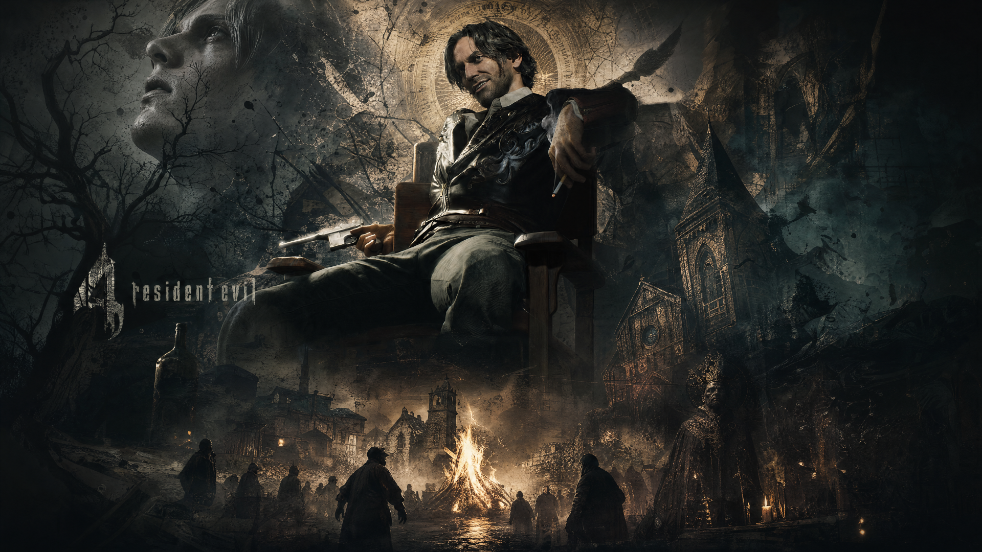 Resident Evil 4 4K Ultra HD PC desktop wallpaper: brooding protagonist seated on a throne above a ruined village, gothic cathedral spires, shadowed figures and a fiery, smoky atmosphere.