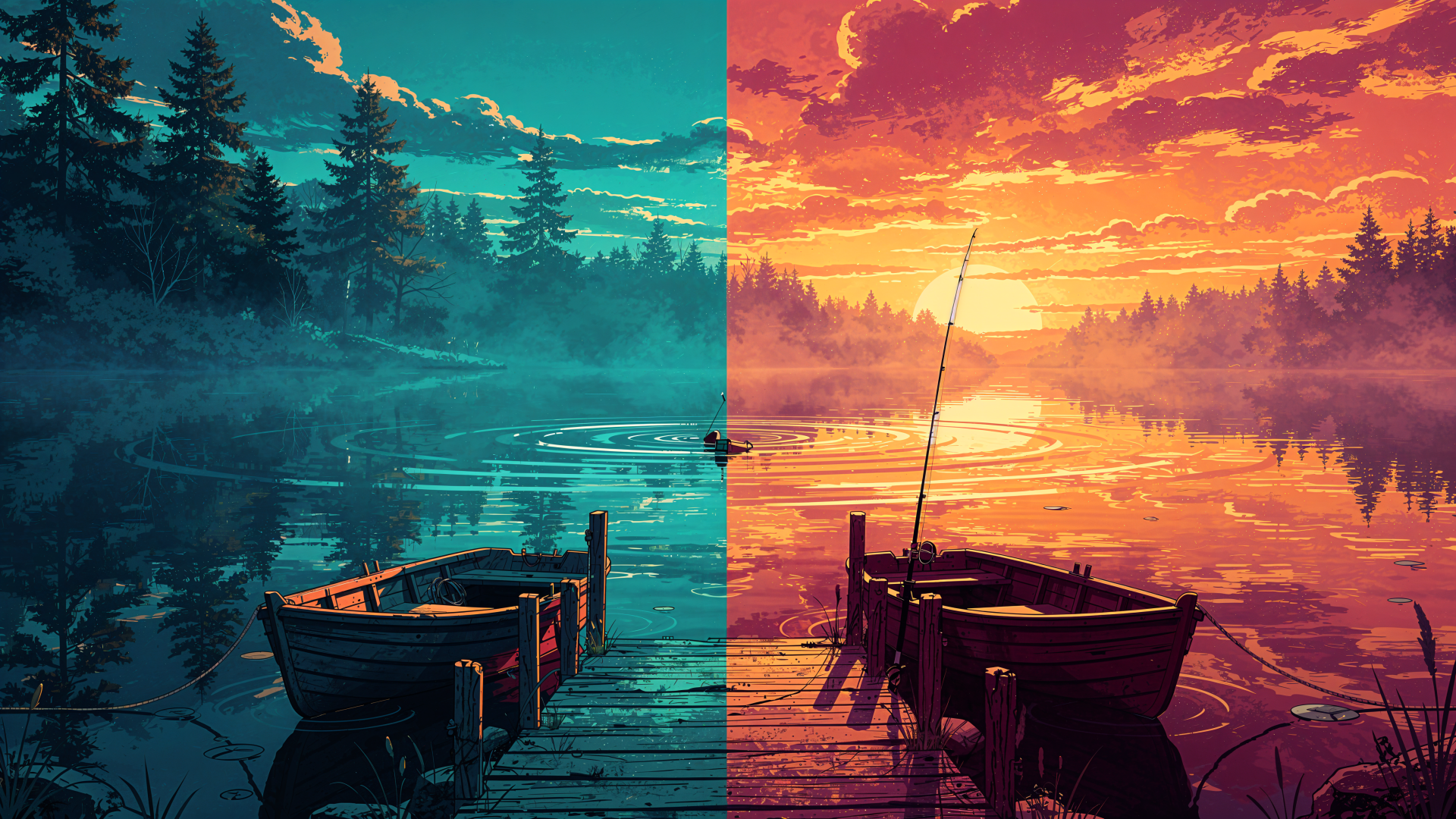4K Ultra HD PC desktop wallpaper of a secluded fishing spot: two wooden boats at a misty dock, split blue-green dawn and orange-pink sunset over a calm forest lake.
