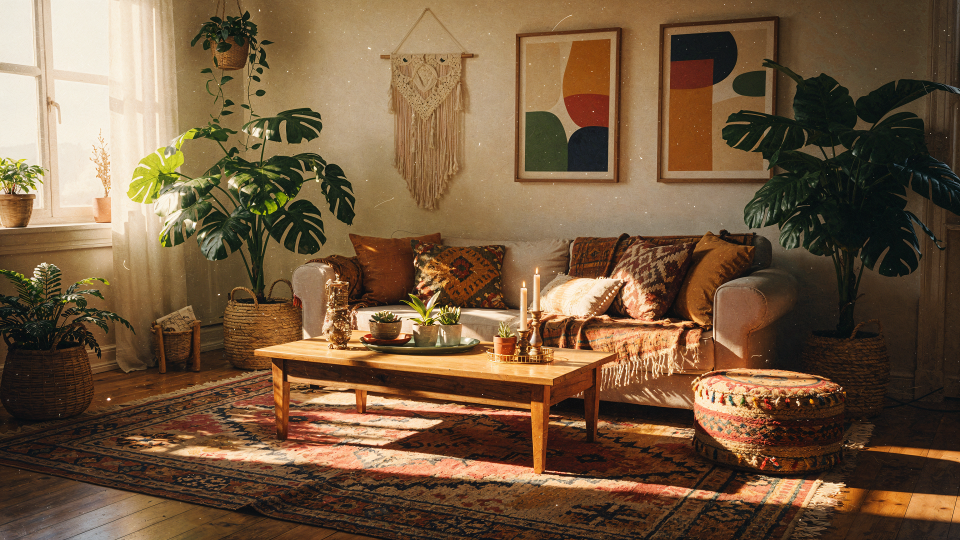 Boho living room with macramé wall hanging, lush houseplants, patterned rug, low wooden coffee table and textured cushions — 4K Ultra HD PC desktop wallpaper and background.
