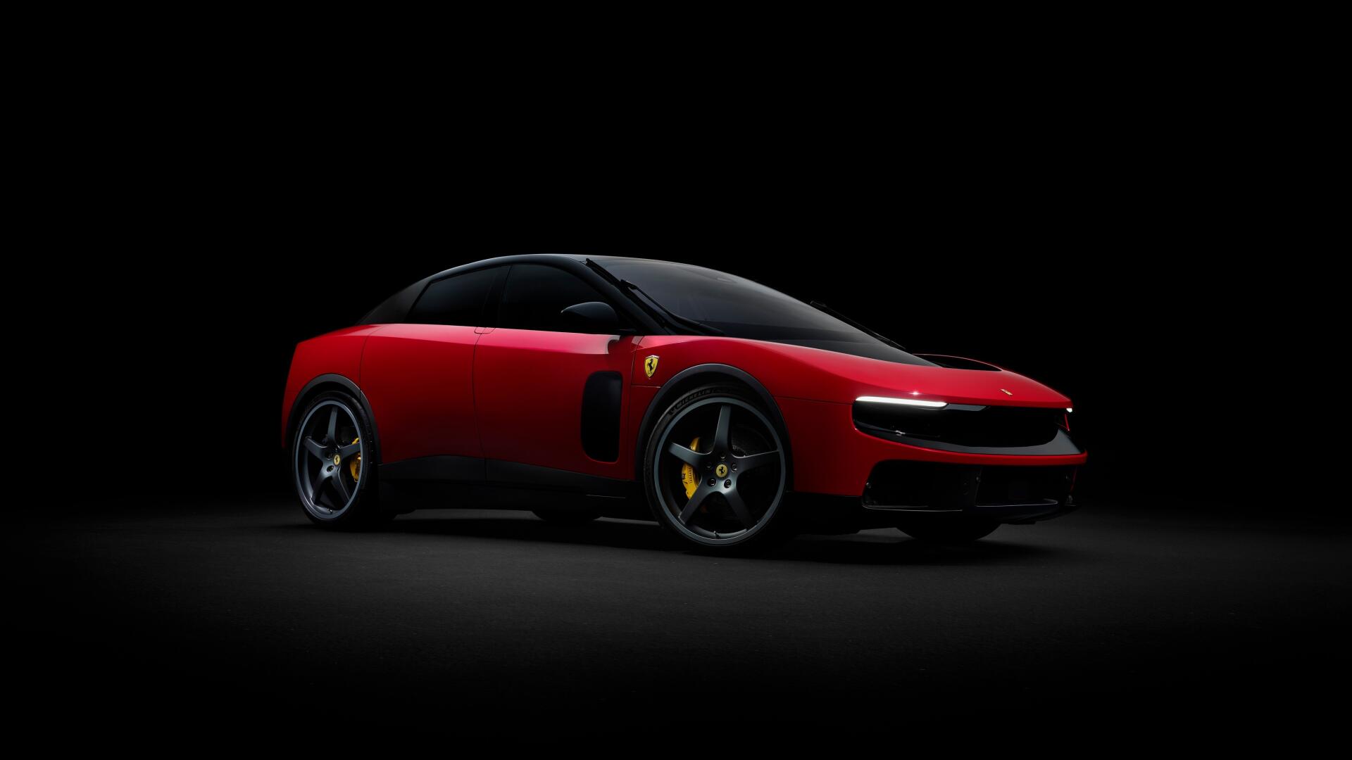 Red Ferrari Luce coupe on a dark studio background, dramatic side view with highlights — 4K Ultra HD PC desktop wallpaper and background.