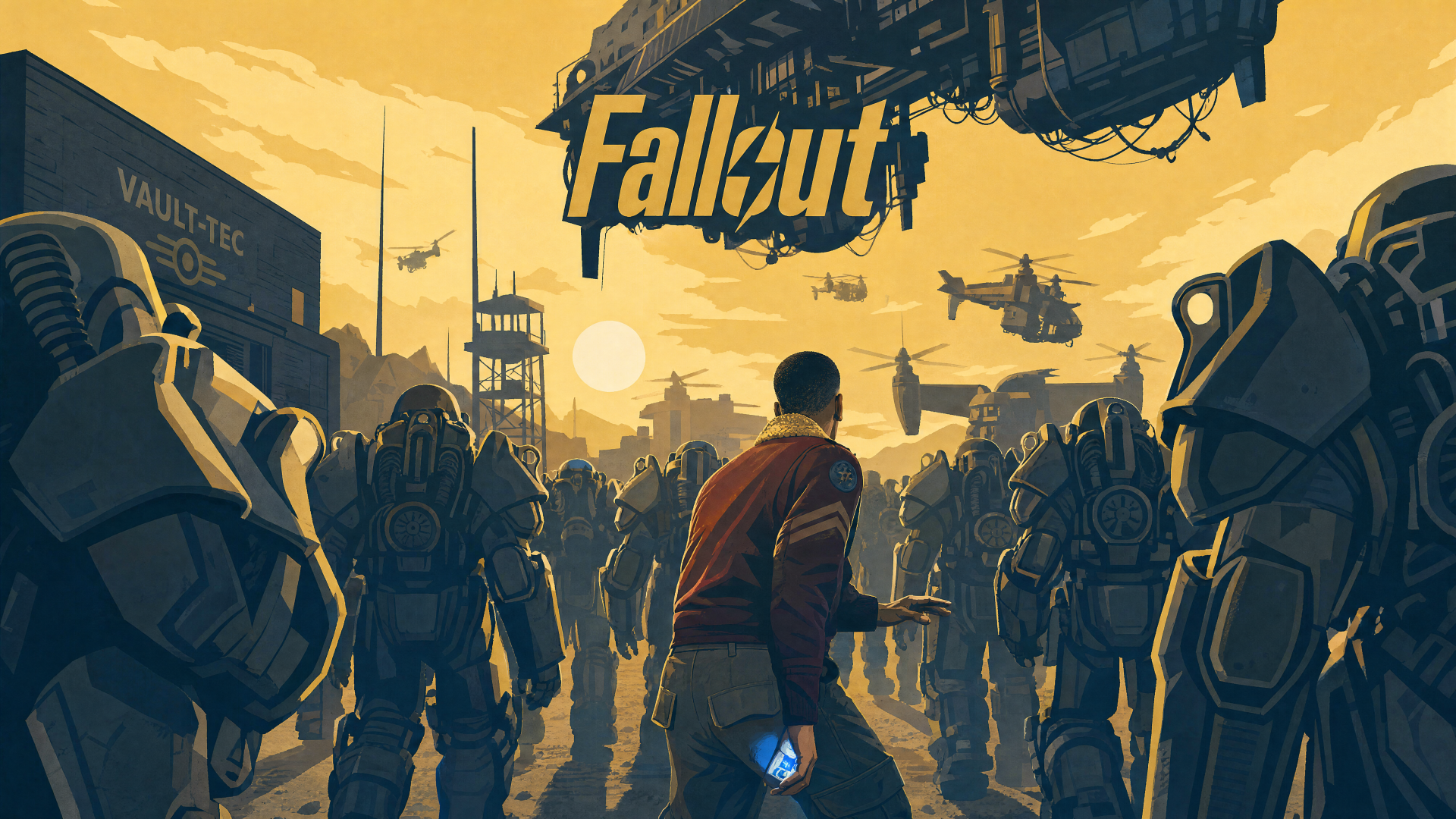Fallout (TV Show) 4K Ultra HD PC wallpaper: lone figure walks toward a giant Fallout sign as armored soldiers march and airships hover under a hazy yellow sky.