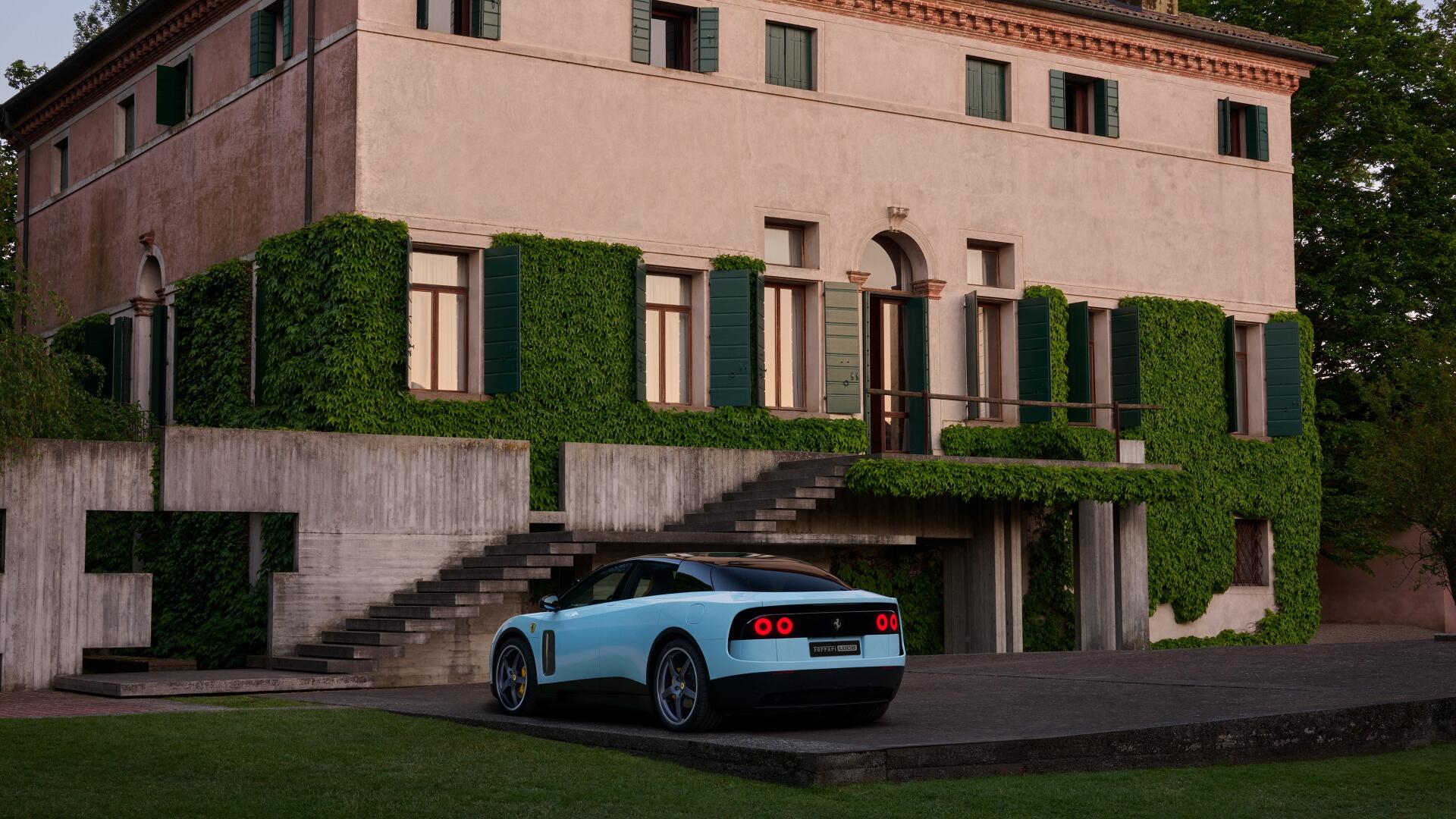 Light blue Ferrari Luce parked by an ivy-covered villa, 4K Ultra HD PC desktop wallpaper and background.