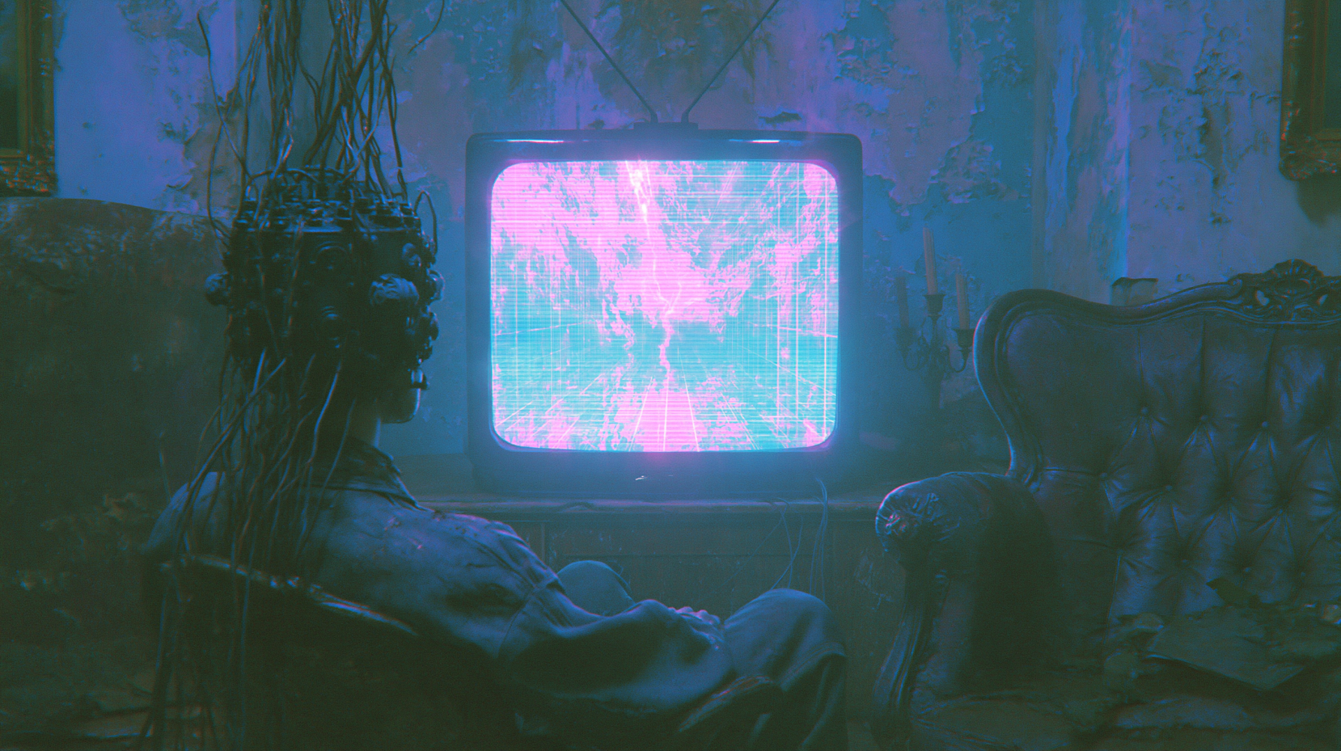 Retro-futuristic room: silhouetted figure in an armchair watching a glitchy neon TV in cyan and magenta — sci-fi nostalgia, 2K Quad HD PC desktop wallpaper/background.