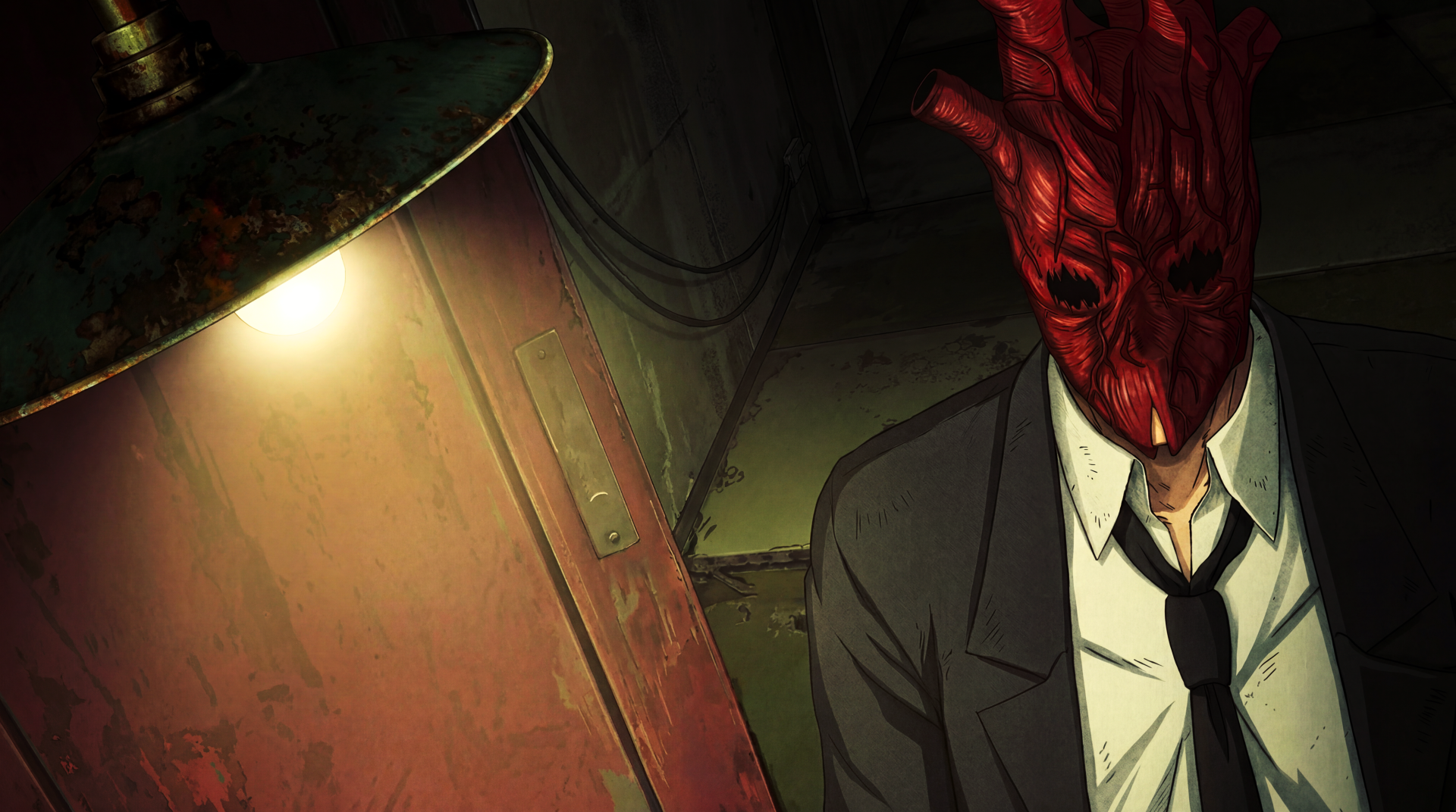 Dorohedoro's Shin in a red demon mask and suit beneath a grim industrial lamp — acid-punk, horror-aesthetic anime 5K Ultra HD desktop wallpaper.