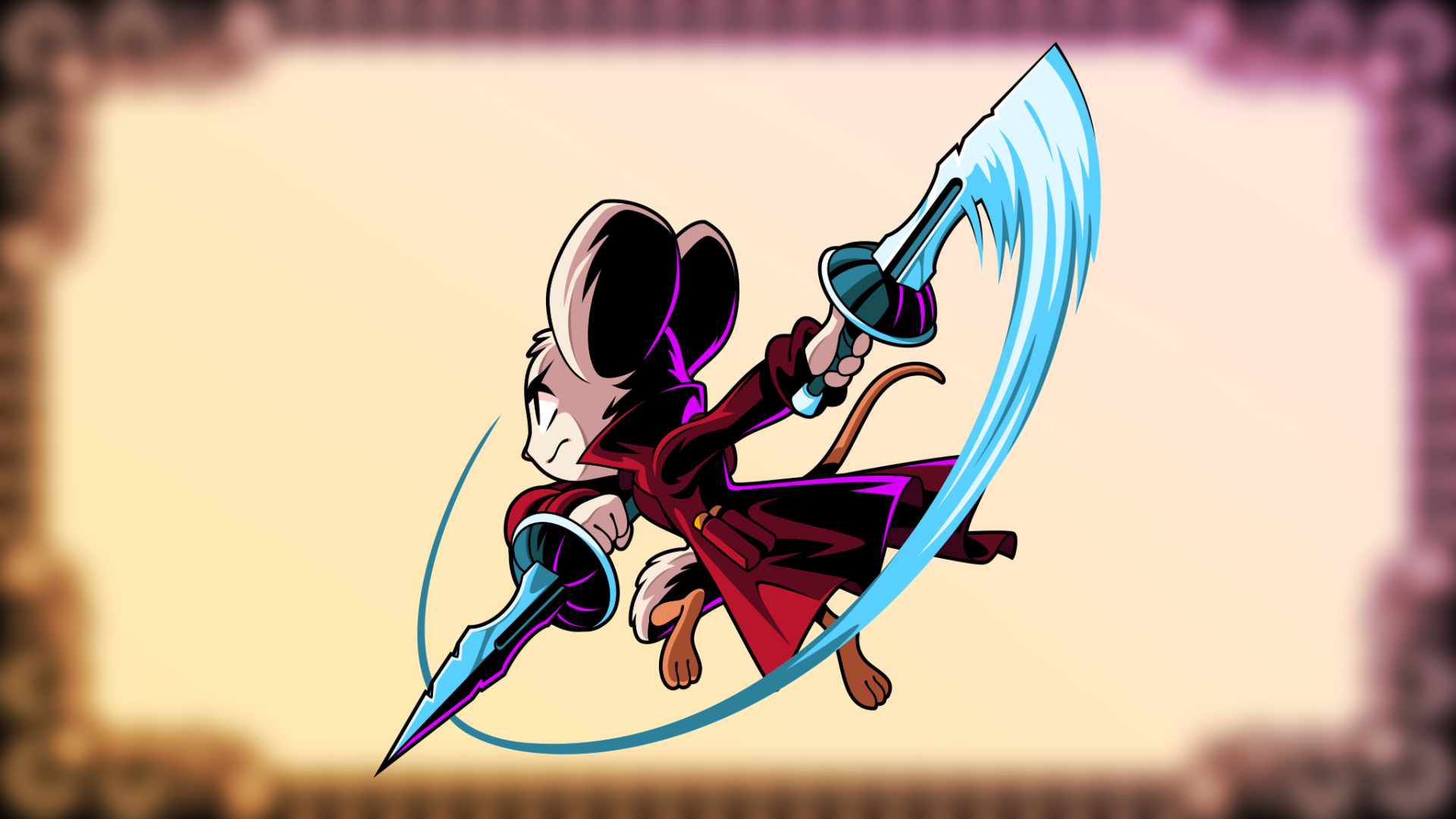 HD PC desktop wallpaper of Minna The Hollower: stylized mouse protagonist in a red cloak lunging with a glowing blade arc against a soft gradient background, video game art.