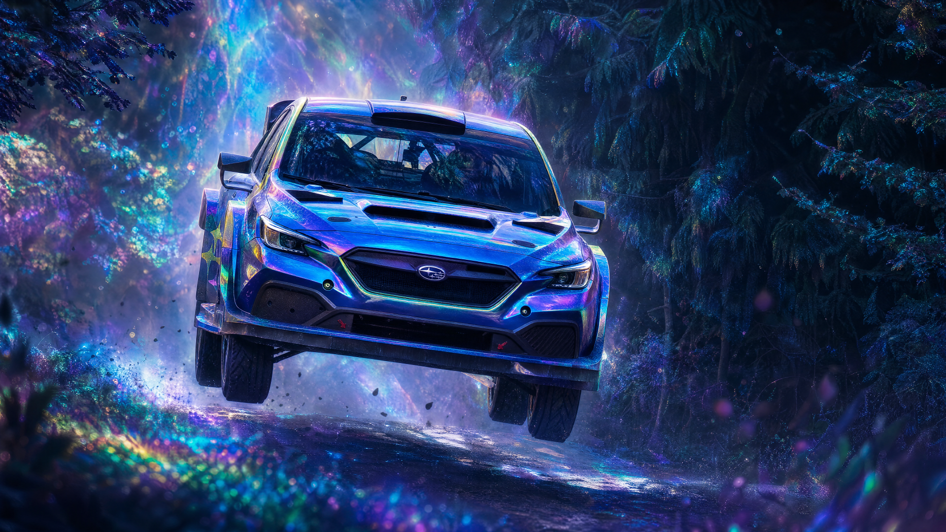 Blue Subaru rally car airborne on a forest trail with neon, cosmic light effects — 4K Ultra HD PC desktop wallpaper and background.
