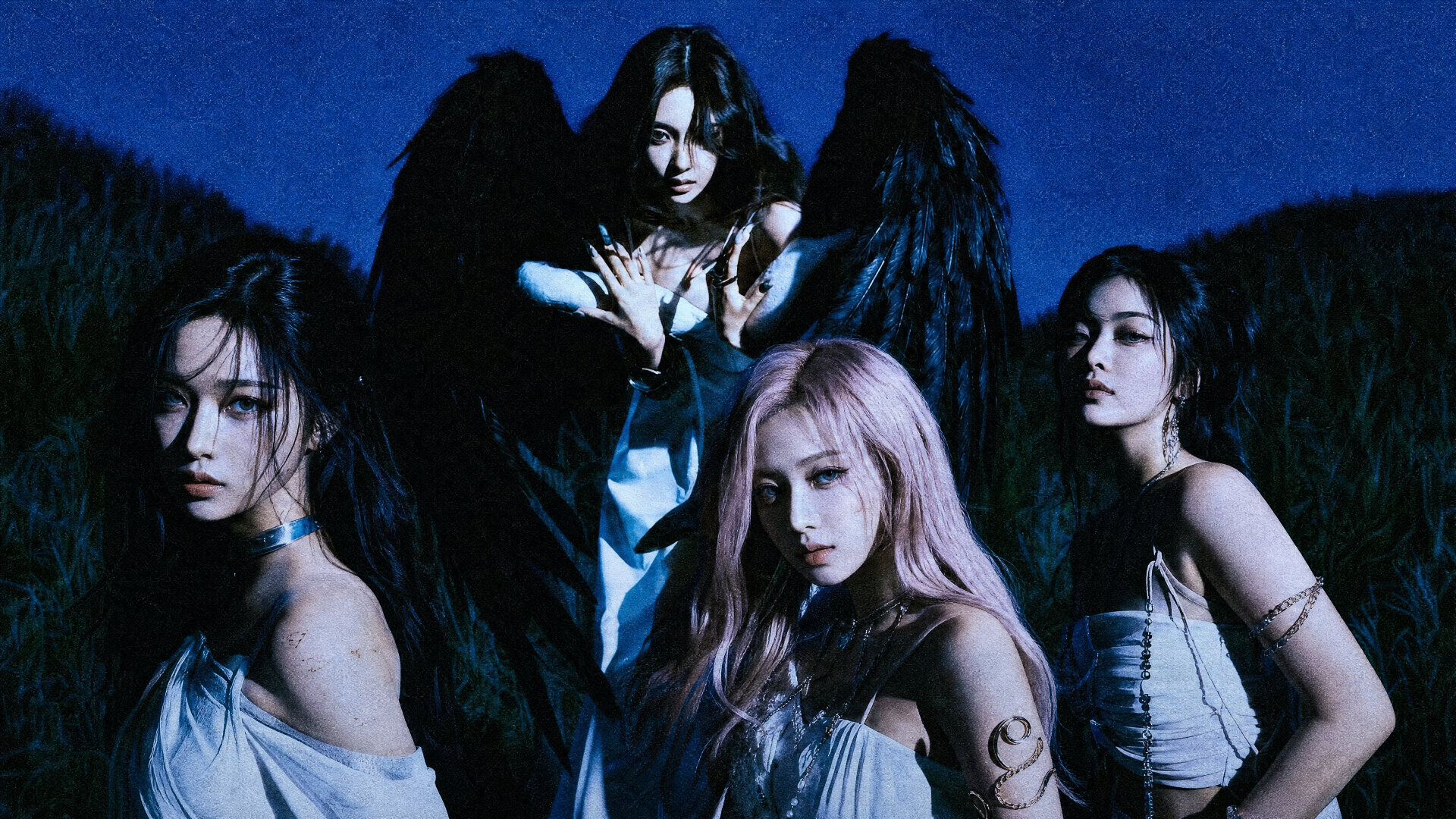 Unidentified female quartet with black angel wings in moody blue lighting, wearing white gowns and striking poses — 4K Ultra HD PC desktop wallpaper/background.