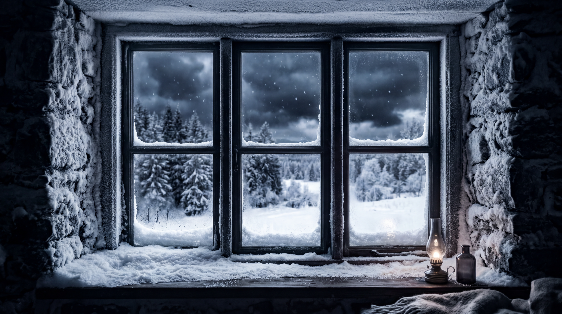 Snowy window — 5K Ultra HD PC desktop wallpaper and background showing a frosted stone sill, lit lantern, and snow-covered pines under a brooding winter sky.