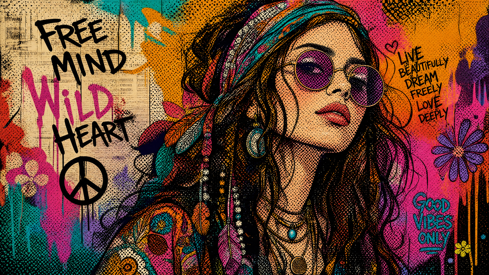 Bohemian portrait of a woman in a colorful headscarf and sunglasses amid psychedelic floral graffiti reading Free Mind Wild Heart with a peace sign — 4K Ultra HD desktop wallpaper.