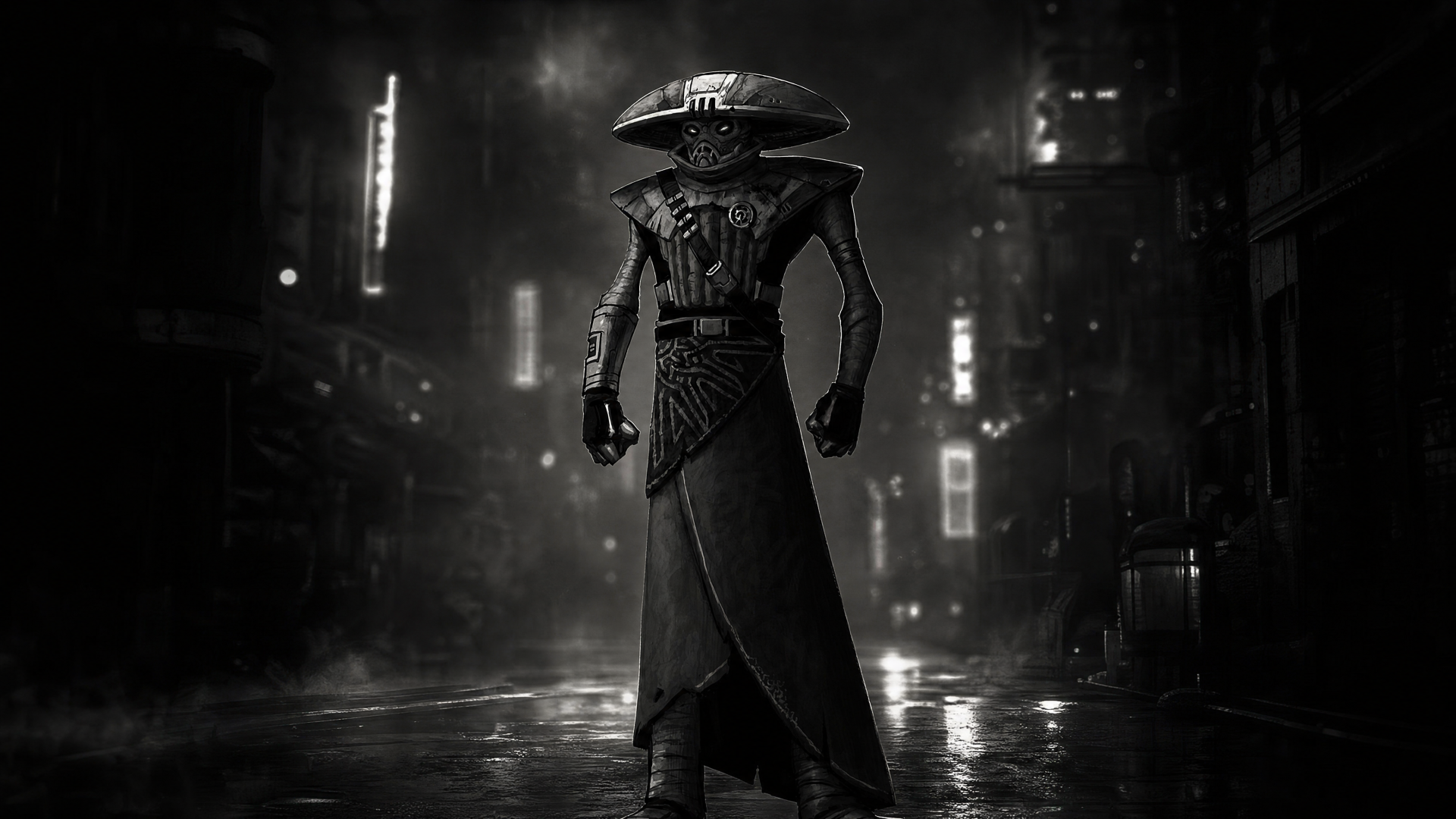 Embo (Star Wars) in 4K Ultra HD PC desktop wallpaper/background: cloaked bounty hunter in a rain-soaked neon alley, dramatic cinematic black-and-white composition.