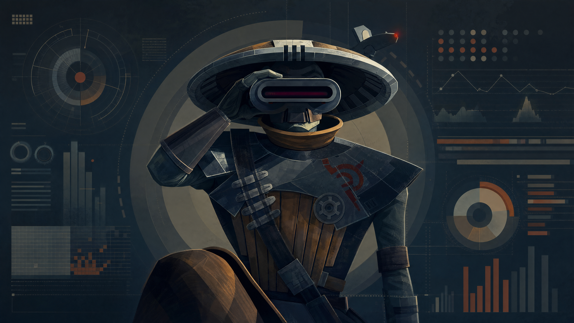Stylized Embo (Star Wars) in a wide-brimmed hat and mask, posed before a circular halo and HUD-style data graphs — 4K Ultra HD PC desktop wallpaper.