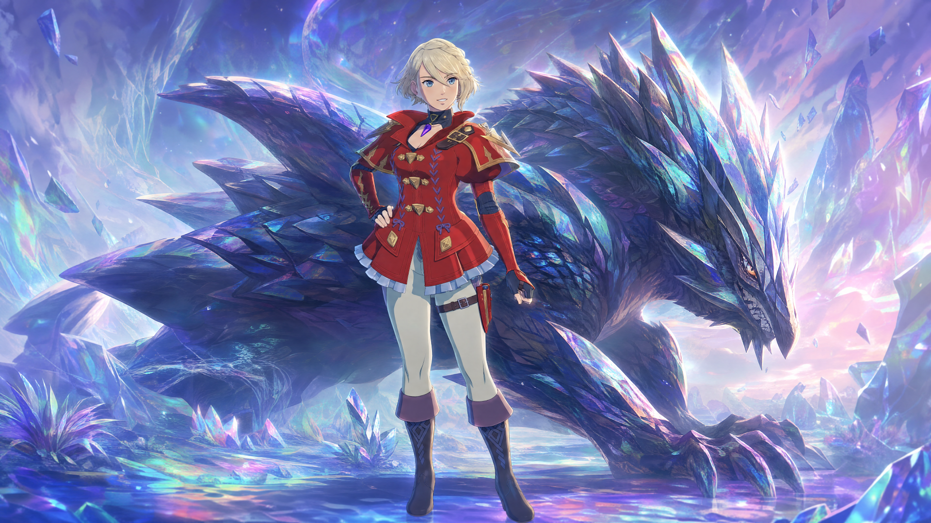 Monster Hunter Stories 3: Twisted Reflection video game 4K Ultra HD wallpaper showing a blonde armor-clad rider in red before a crystalline blue dragon, vibrant icy-purple fantasy background.