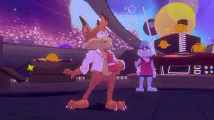 Bubsy 4D video game 4K Ultra HD PC desktop wallpaper/background: Bubsy and a rabbit sidekick stand in a neon sci‑fi hub with glowing orbs and a starry backdrop.