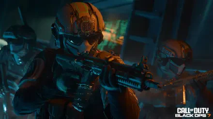 HD PC desktop wallpaper for the video game Call of Duty: Black Ops 7 showing armored Black Ops soldiers aiming rifles in a blue-lit interior.