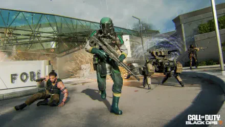 HD PC desktop wallpaper/background for the video game Call of Duty: Black Ops 7 — a sniper in futuristic armor advances with rifle, robotic dog and teammates in an urban combat scene.