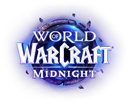 World of Warcraft: Midnight logo centered on a deep blue HD PC desktop wallpaper, featuring the game's emblem with a glowing ring and floating crystal shards.