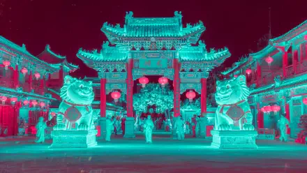 4K Ultra HD PC desktop wallpaper and background showing a neon-lit Chinese New Year temple archway with red lanterns, guardian lion statues, and an evening festival crowd.
