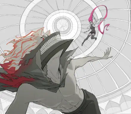 Anime Dandadan HD wallpaper (tags: Ken Takakura, Aira Shiratori) — a monstrous, flaming-mane figure lunges toward pink-clad Aira as they clash beneath a spiraled glass dome.