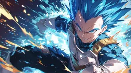 HD desktop wallpaper of Vegeta (Dragon Ball Super) as Super Saiyan Blue Evolved, charging through a crackling blue aura with explosive energy streaks in dynamic anime style.