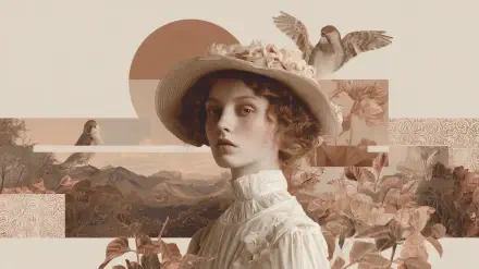 Pastel aesthetic collage HD PC desktop wallpaper: vintage woman in a wide-brim hat amid doves, faded landscapes and floral motifs.