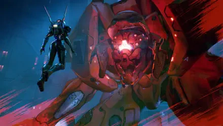 4K Ultra HD PC desktop wallpaper/background from the video game Metal Eden: a glowing red giant mech in a sci‑fi battle as a pilot in a combat suit leaps beside it.