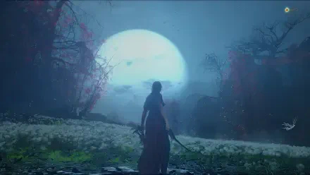 Wuchang: Fallen Feathers video game screenshot — HD PC desktop wallpaper and background of a lone swordsman silhouetted before a huge moon over misty marsh and ruined trees.