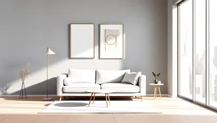 Sunlit modern apartment living room with white sofa, minimalist art, floor lamp and coffee table — 4K Ultra HD PC desktop wallpaper and background