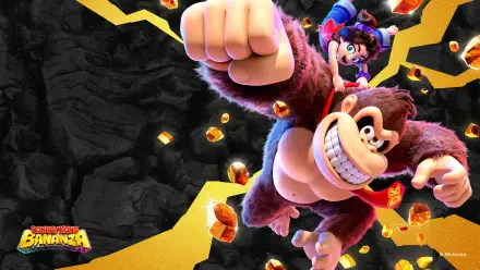 Donkey Kong Bananza HD PC desktop wallpaper: Donkey Kong punches forward with Diddy Kong on his back amid floating golden gems and yellow energy cracks against a dark rocky background.