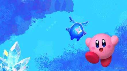 HD PC desktop wallpaper of Kirby from Kirby and The Forgotten Land, floating on a bright blue textured background with crystals and a small blue companion.