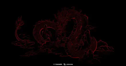 HD PC desktop wallpaper for the video game Wuchang: Fallen Feathers showing a red, neon-lined Chinese dragon coiled around a circular emblem on a black background.