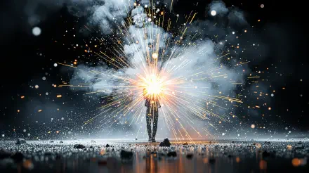 Silhouetted figure casting a radiant light spell, sparks and mist bursting outward over a reflective surface — dramatic 4K Ultra HD PC desktop wallpaper and background.
