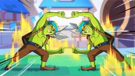 HD PC desktop wallpaper and background of Clash Royale goblins — two green goblins mirrored, fist-bumping before a castle with action lines and flames. Mobile game by Supercell.