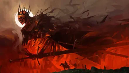 4K Ultra HD PC desktop wallpaper for the video game Tainted Grail: The Fall of Avalon — a towering crowned shadow-knight wreathed in flame, brandishing a massive sword over a ravaged red landscape.