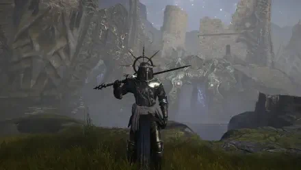 Dark-armored knight with spear stands before a misty ruined castle and jagged cliffs in a cinematic scene from the video game Tainted Grail: The Fall of Avalon — HD PC desktop wallpaper/background.