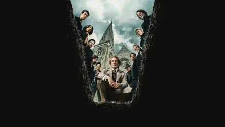 HD PC desktop wallpaper for the movie Wake Up Dead Man: A Knives Out Mystery — characters peer down into a grave at a seated man with a church spire rising behind them.