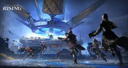 HD PC desktop wallpaper from the video game Destiny: Rising — armored Guardians charge across a rain‑slick platform toward a hovering alien ship amid lightning and explosions.