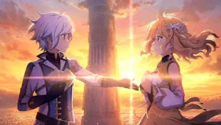 HD PC desktop wallpaper/background of Bell Cranel and Harmonia from Is It Wrong to Try to Pick Up Girls in a Dungeon?, reaching hands as a golden sunset lights a distant tower.