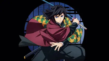 4K Ultra HD PC wallpaper of Giyuu Tomioka from Demon Slayer: Kimetsu no Yaiba — The Movie: Infinity Castle, poised with sword and flowing haori against a black circular backdrop.