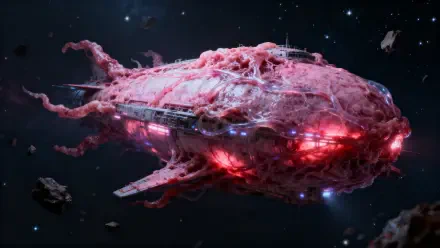 Sci-Fi 4K Ultra HD PC desktop wallpaper and background: a fleshy, bio-mechanical spaceship pulsing red lights as it drifts among asteroids in deep space.
