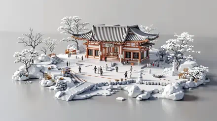 Snow-covered traditional dojo on a small island with stone bridge, lanterns and walking figures in a serene winter scene — 4K Ultra HD PC desktop wallpaper and background.