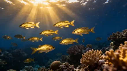Underwater photography showing a golden school of fish over a coral reef with sunbeams through blue water — 4K Ultra HD PC desktop wallpaper and background.