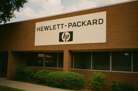 Hewlett-Packard brick office facade with prominent HP logo, presented as a 4K Ultra HD PC desktop wallpaper and background.
