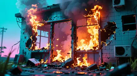 4K Ultra HD PC desktop wallpaper showing a shattered room with blazing flames and thick smoke pouring from windows, debris on the floor and a neon-tinted sky beyond.