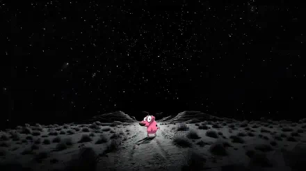 HD PC desktop wallpaper: Courage the Cowardly Dog stands alone in a textured desert under a vast starry sky — TV show background.