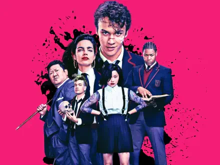 Deadly Class TV show 4K Ultra HD PC desktop wallpaper: teenage assassins in dark school uniforms posing with knives and a skull on a neon pink splatter backdrop.