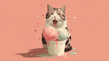 HD PC wallpaper: AI-art Ice Scream scene of a tabby cat joyfully licking melting pastel ice cream from a cup, colorful drips on a warm coral background.
