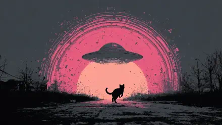 HD AI art desktop wallpaper: silhouetted cat prances toward a hovering alien spaceship against a pink, logo-style moon backdrop — a funny, whimsical sci-fi background.