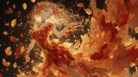 Fantasy Fall: anime girl in a flowing dress of autumn leaves amid swirling gold-orange foliage and warm light — HD PC desktop wallpaper/background.